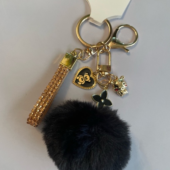 Gold and Black Pom Pom Keychain With 3 Charms – New - Picture 2 of 14